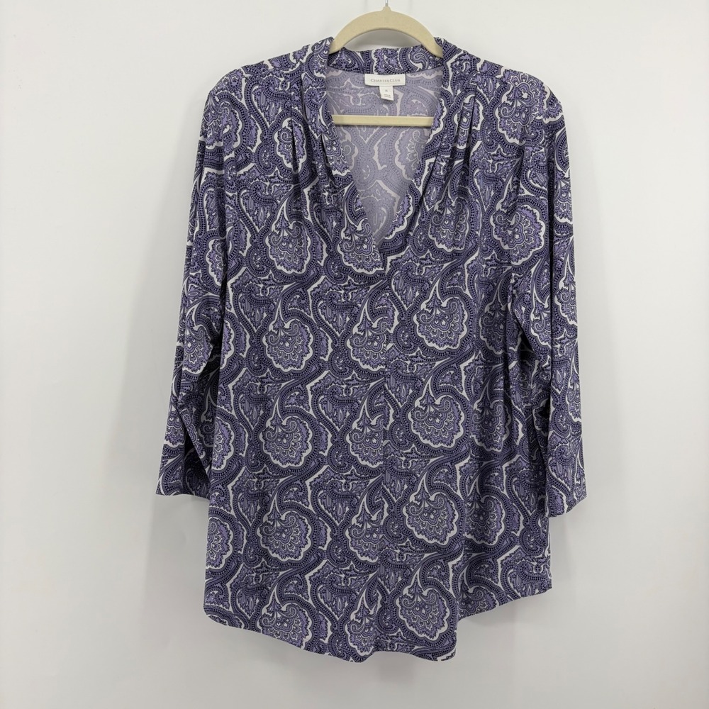 Charter Club Knit Top Purple Women XL Paisley V-Neck‎ 3/4 Sleeve Stretch